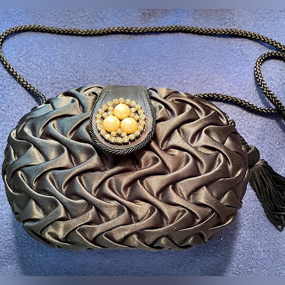 Carlo Fellini black satin evening bag. Rhinestone/Faux Pearl detail. Special!